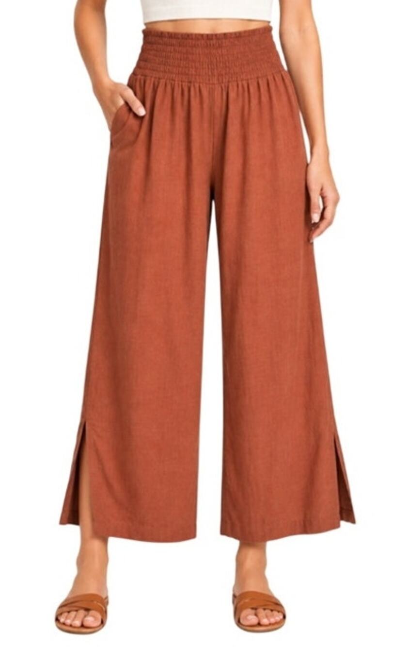 Heroes & Dreamers Women's Linen Blend Wide Leg Rust Brown Boho Pants Medium